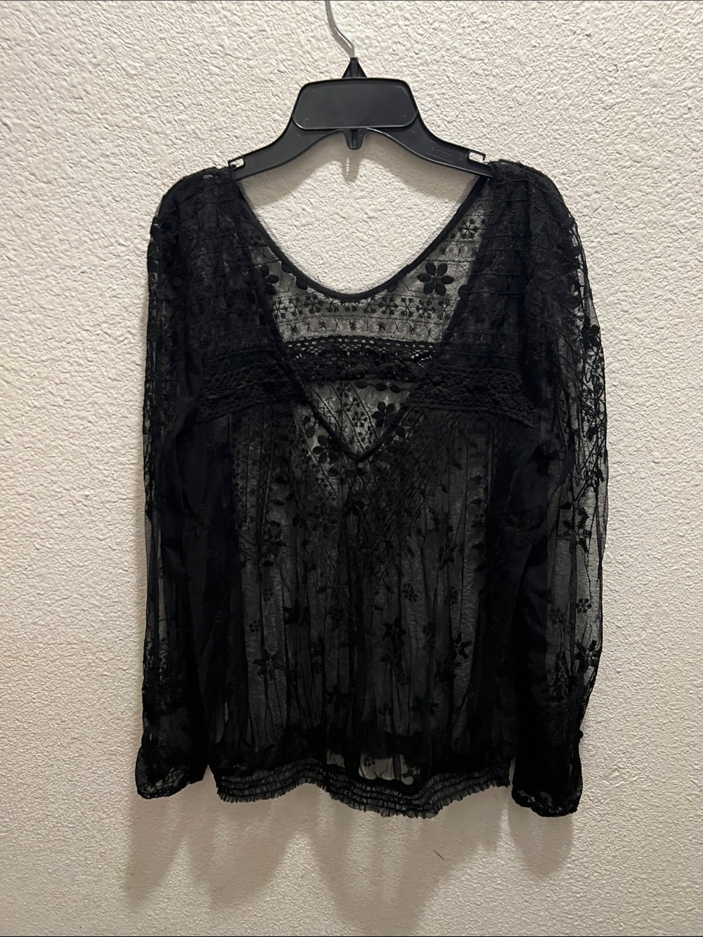 Free People Black Sheer Floral Embroidered Long-Sleeve Blouse